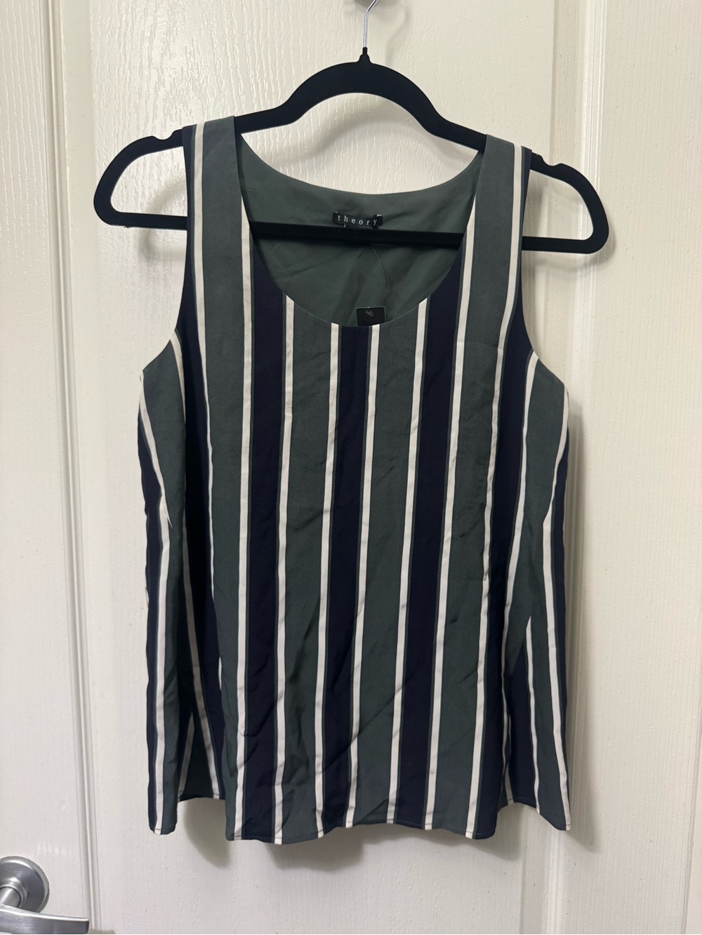 Theory Olive Green, Black & White Vertical Stripe Sleeveless Tank